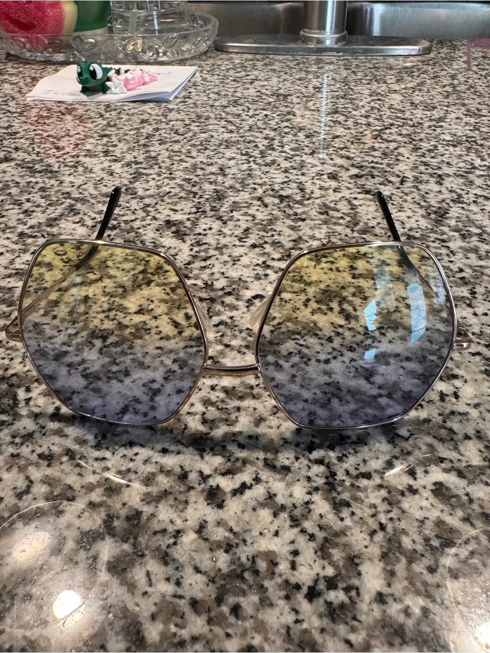 Women’s Gold Frame Gradient Yellow-Blue Hexagon Sunglasses